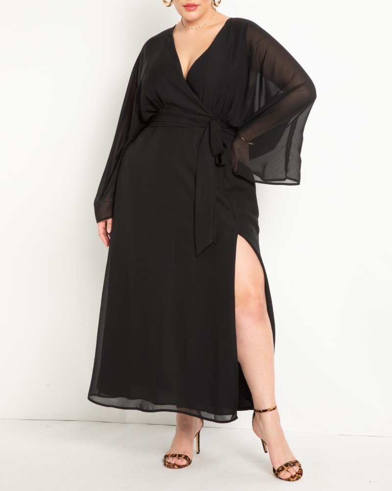 Front of a model wearing a size 16 Surplice Bodice Maxi Dress in Black Onyx by ELOQUII. | dia_product_style_image_id:295045